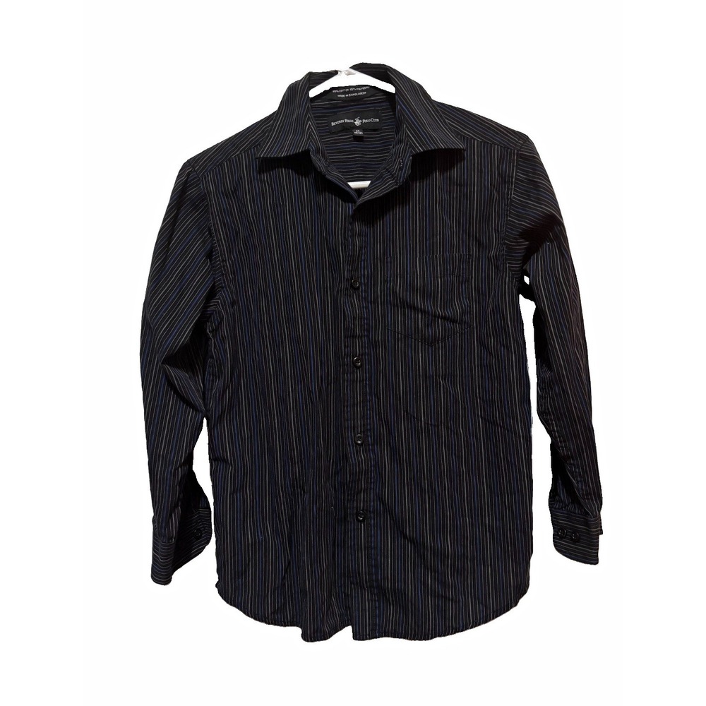 Beverly Hills Polo Club Mens M Striped Black Blue Gray Woven Long Sleeve